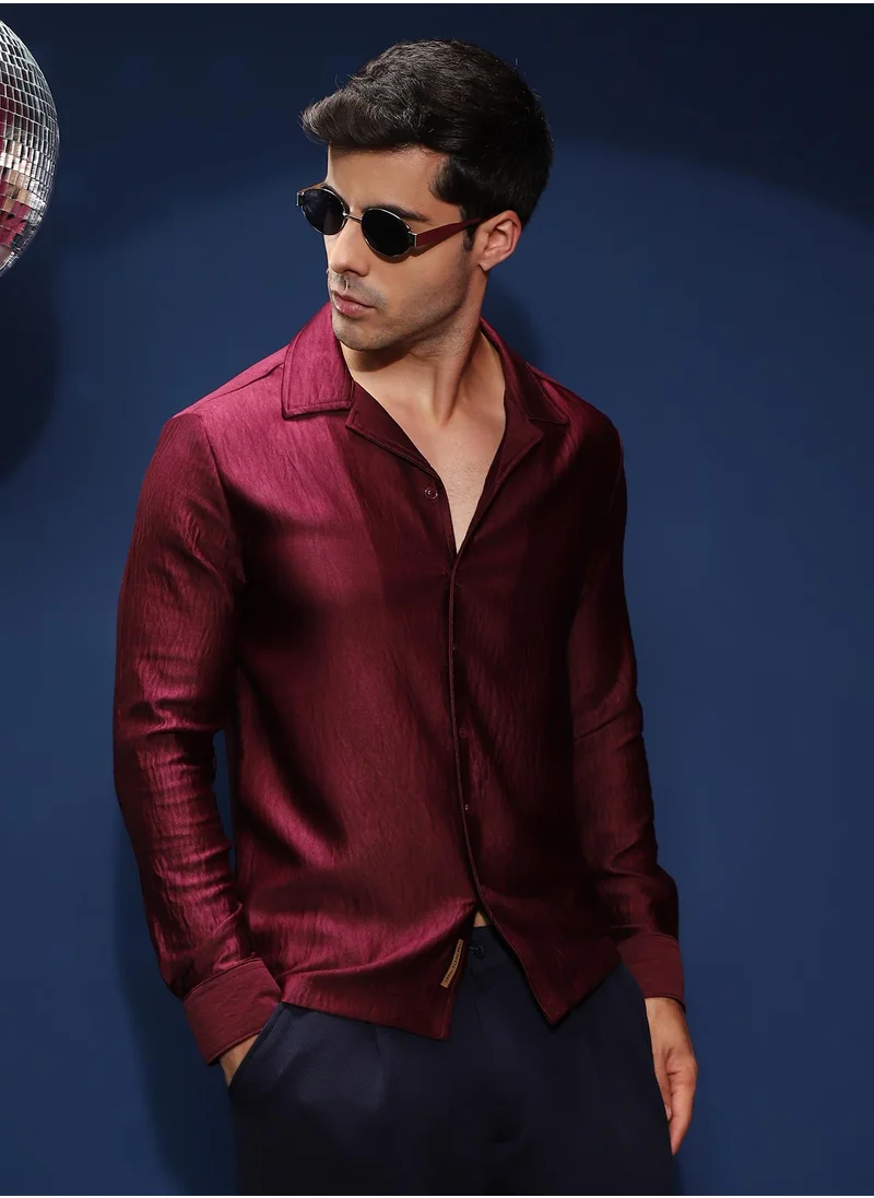 Campus Sutra Men's Burgundy Red Satin Cuban Shirt For Casual Wear | Cuban Collar | Long Cuffed Sleeves | Button Closure | Shirt Shirt Crafted With Comfort Fit For Everyday Wear