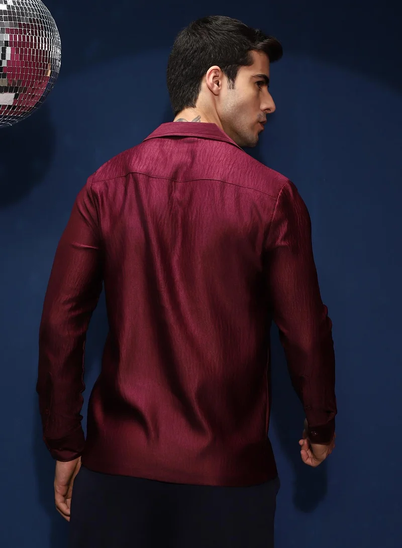 Campus Sutra Men's Burgundy Red Satin Cuban Shirt For Casual Wear | Cuban Collar | Long Cuffed Sleeves | Button Closure | Shirt Shirt Crafted With Comfort Fit For Everyday Wear