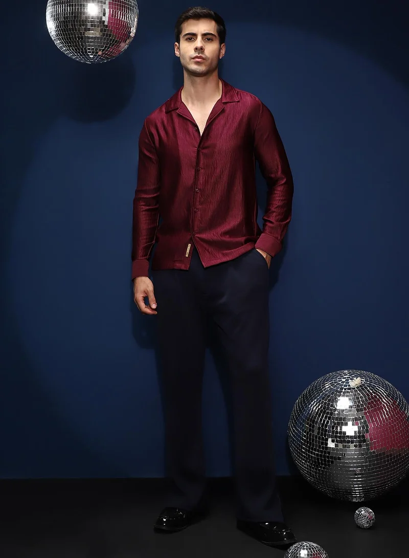 Campus Sutra Men's Burgundy Red Satin Cuban Shirt For Casual Wear | Cuban Collar | Long Cuffed Sleeves | Button Closure | Shirt Shirt Crafted With Comfort Fit For Everyday Wear