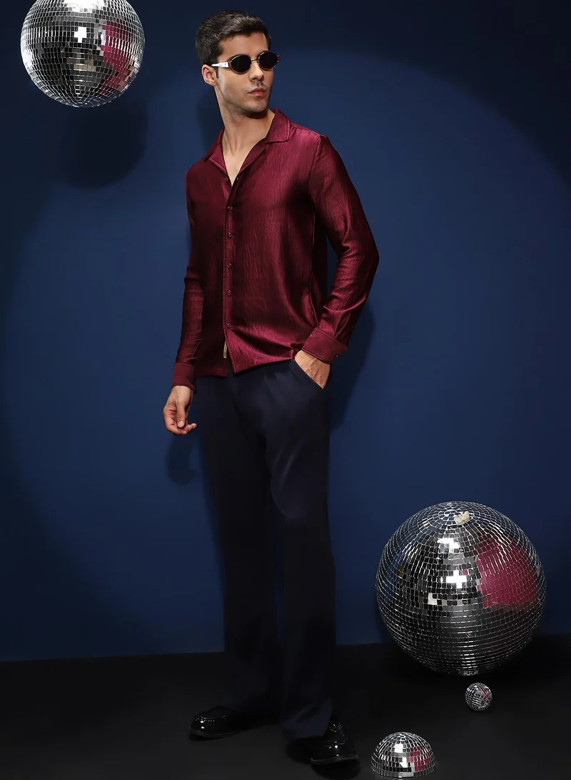 Campus Sutra Men's Burgundy Red Satin Cuban Shirt For Casual Wear | Cuban Collar | Long Cuffed Sleeves | Button Closure | Shirt Shirt Crafted With Comfort Fit For Everyday Wear