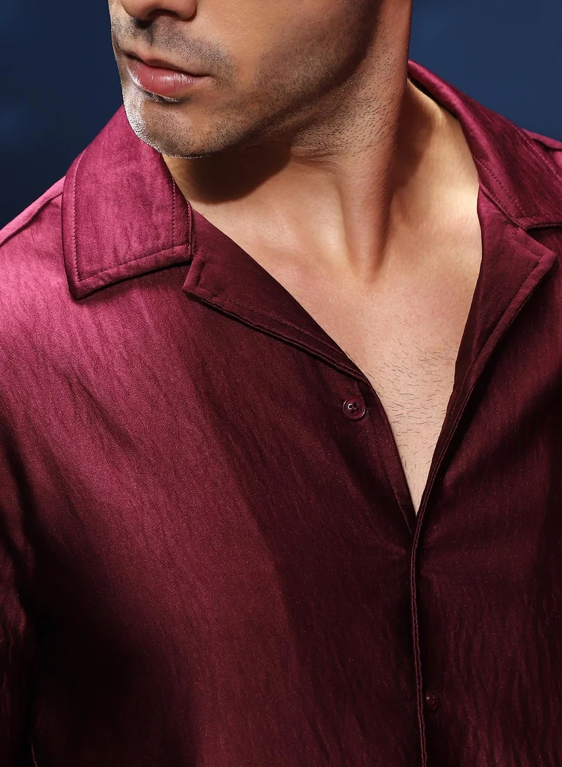 Campus Sutra Men's Burgundy Red Satin Cuban Shirt For Casual Wear | Cuban Collar | Long Cuffed Sleeves | Button Closure | Shirt Shirt Crafted With Comfort Fit For Everyday Wear