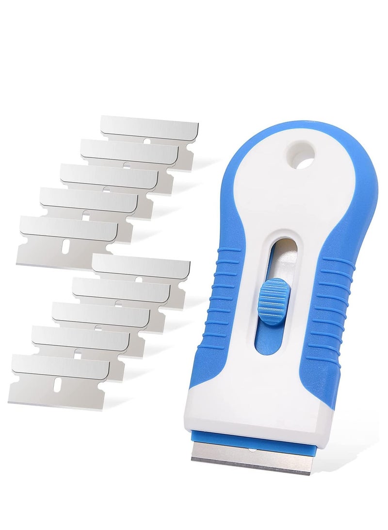 KASTWAVE Ceramic Scraper, KASTWAVE Ceramic Scraper Car Sticker Remover Glass Stove Top Razor Scraper Label,Glue,Paint,Adhesive Remover Tool + 10pcs Stainless Steel Razor Blades (Blue) - Image 1