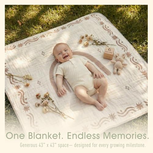 HardNok Ultra Soft Muslin Baby Blanket Made with Organic Cotton Reversible Rainbow Print Coffee Striped Jacquard Swaddle Crib Quilt 43x43 Inches Rainbow Border - Image 3