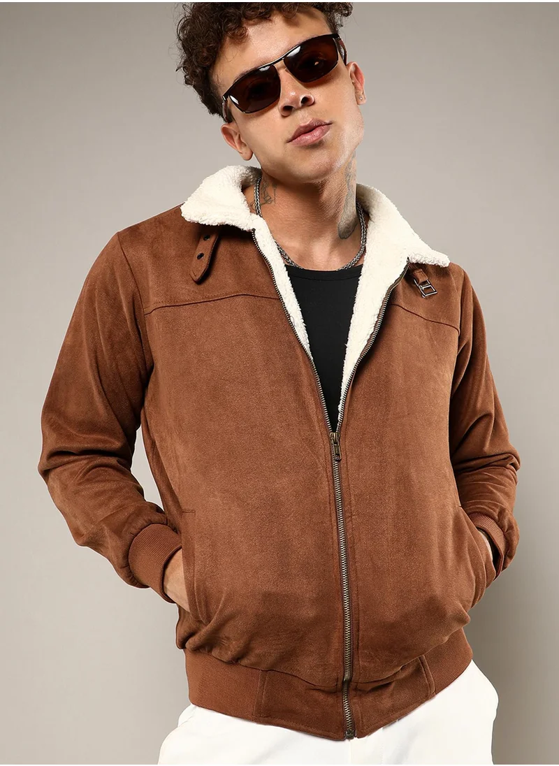 Campus Sutra Men's Brown Zip-Front Jacket With Fleece Detail