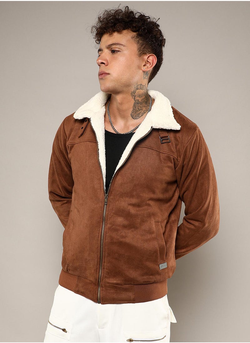 كامبوس سوترا Men's Brown Zip-Front Jacket With Fleece Detail  - Image 3