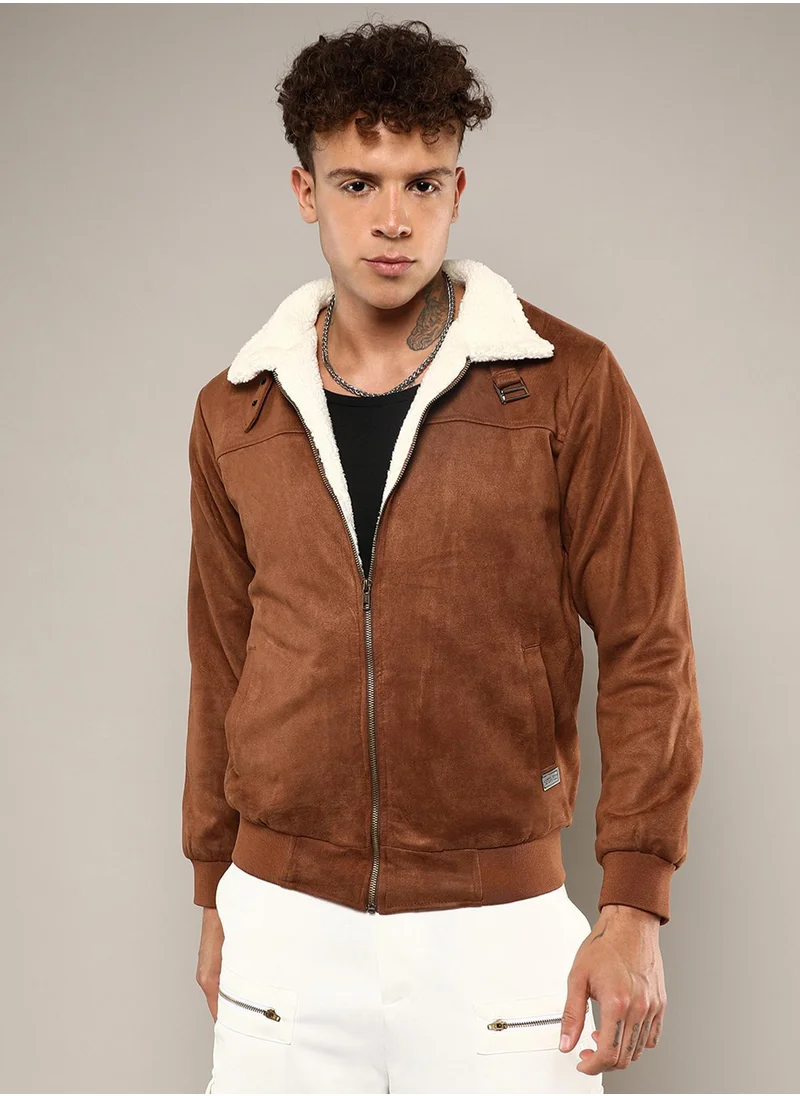 Campus Sutra Men's Brown Zip-Front Jacket With Fleece Detail