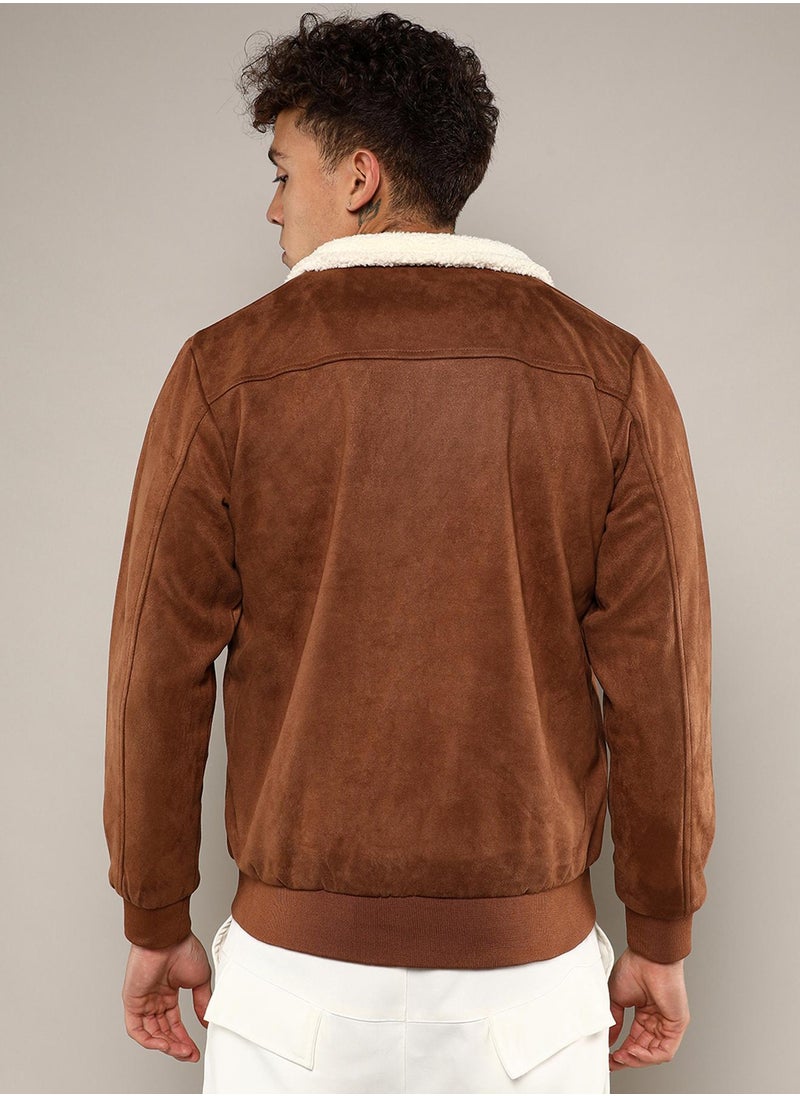 كامبوس سوترا Men's Brown Zip-Front Jacket With Fleece Detail  - Image 5