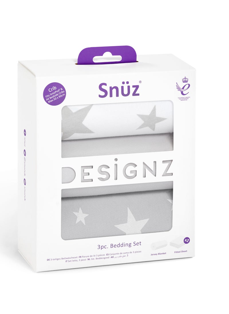 Snuz - 3 Pieces Crib Bedding Set For Infant And Baby, 100% Soft Jersey Cotton, Contents: 1X Blanket, 2Xcrib Sheets Fitted Sheet Size:44 X 80Cm (Max.), Blanket Size: 75 X 75Cm - Stars - Image 1