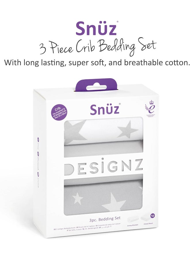 Snuz - 3 Pieces Crib Bedding Set For Infant And Baby, 100% Soft Jersey Cotton, Contents: 1X Blanket, 2Xcrib Sheets Fitted Sheet Size:44 X 80Cm (Max.), Blanket Size: 75 X 75Cm - Stars - Image 1