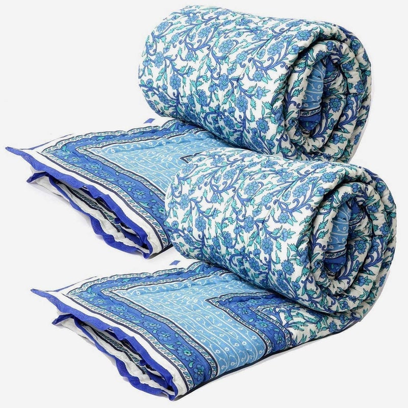 LOARSHY Pure Cotton Floral Printed Blue Quilt | Lightweight and Warm Jaipuri Rajasthani Single Bed Razai | Soft Razai for Winters | Beautiful Gift Item - Image 1