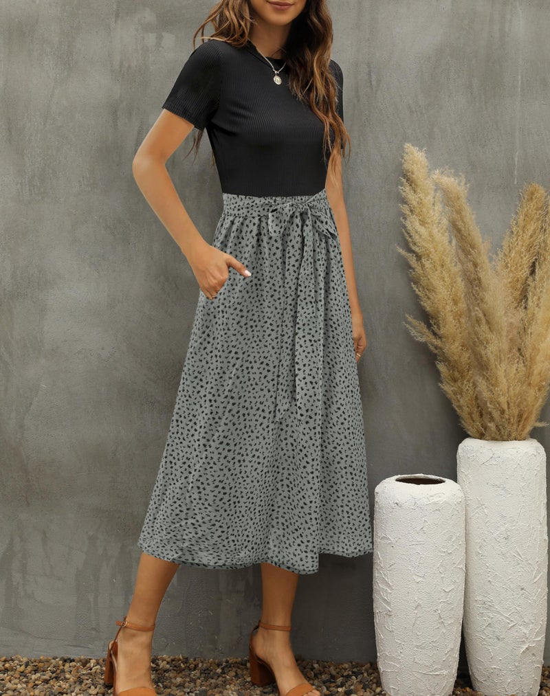 Zattcas Women 2026 Summer Dress Short Sleeve Ribbed Teacher Church Modest Business Casual Work Outfits Midi Dress with Pockets Blacksagegreen M - Image 2