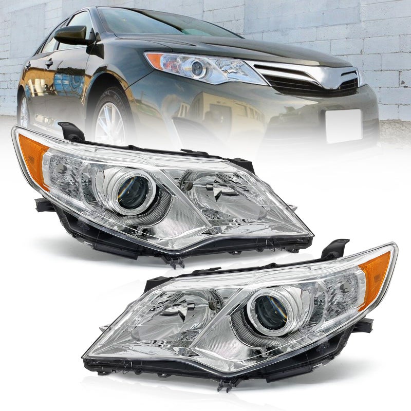 AXLAHA Headlight Assembly Compatible with 2012 2013 2014 Toyota Camry LSeLeXle Sedan 4Door Hybrid Headlamp Chrome Housing with Amber Reflector Driver and Passenger Side