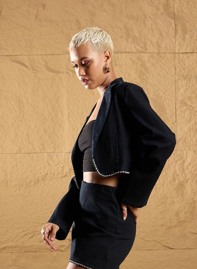 SASSAFRAS Notch Collar Crop Blazer with Studded Hem by Styli  - Image 1