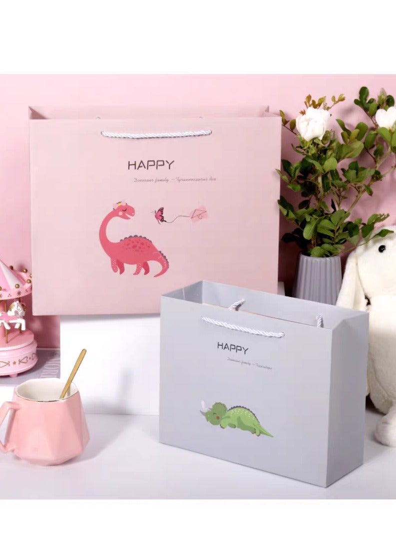 10 Pieces Cute Dinosaur Gift Packing Bags For Birthday Children's Day Shopping White Card Paper Bags Gray 24.5×19.5×9.5cm - Image 2