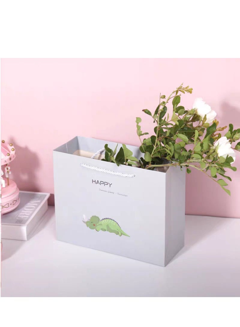 10 Pieces Cute Dinosaur Gift Packing Bags For Birthday Children's Day Shopping White Card Paper Bags Gray 24.5×19.5×9.5cm - Image 3