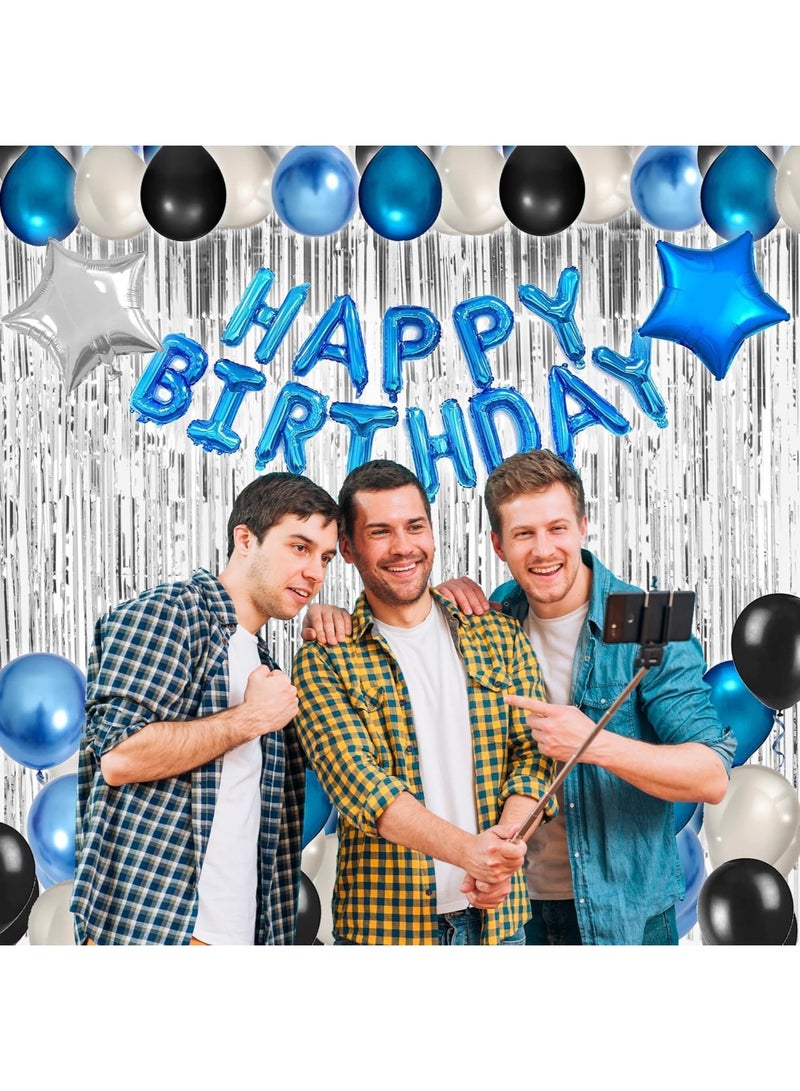 Arabest Blue Black Birthday Party Decorations Kit for Men 49 Pieces, Happy Birthday Banner, Fringe Curtains, Foil Star & Balloons Party Décor for Men Boys Women Girls Birthday Party Supplies - Image 3
