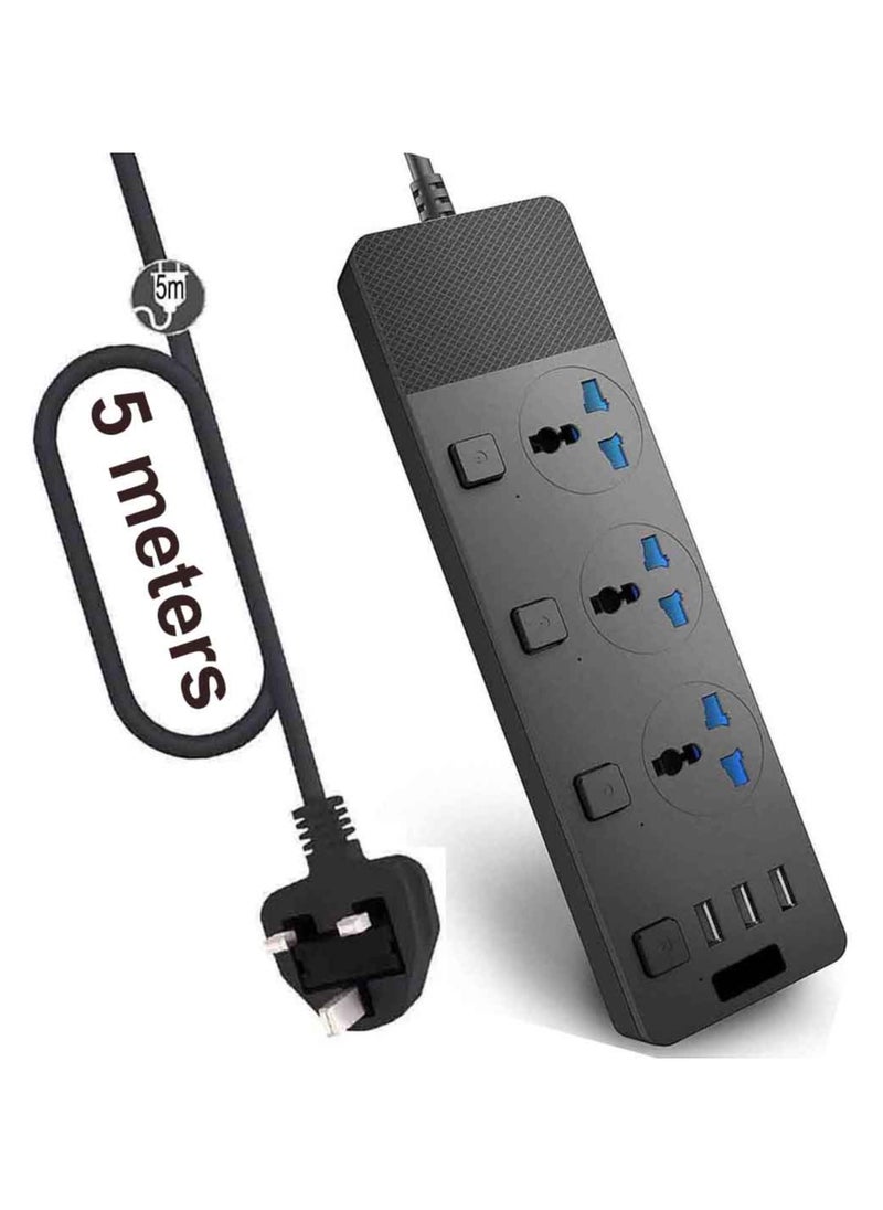 Beone Universal Plug Adapter Power Strips Extension Cord, 3 Outlets with 3 USB Ports Surge Protector, Charging Socket with 5 meters Bold Extension Cord 