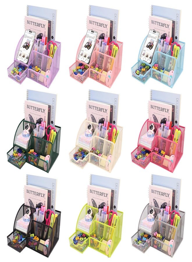 Boutilon Mesh Desk Organizer Desktop Office Supplies Stationary Organizer with 6 Compartments and 1 Drawer Multi-Functional Caddy Pen Holder for Home Office School Desk Decor(Black) - Image 4