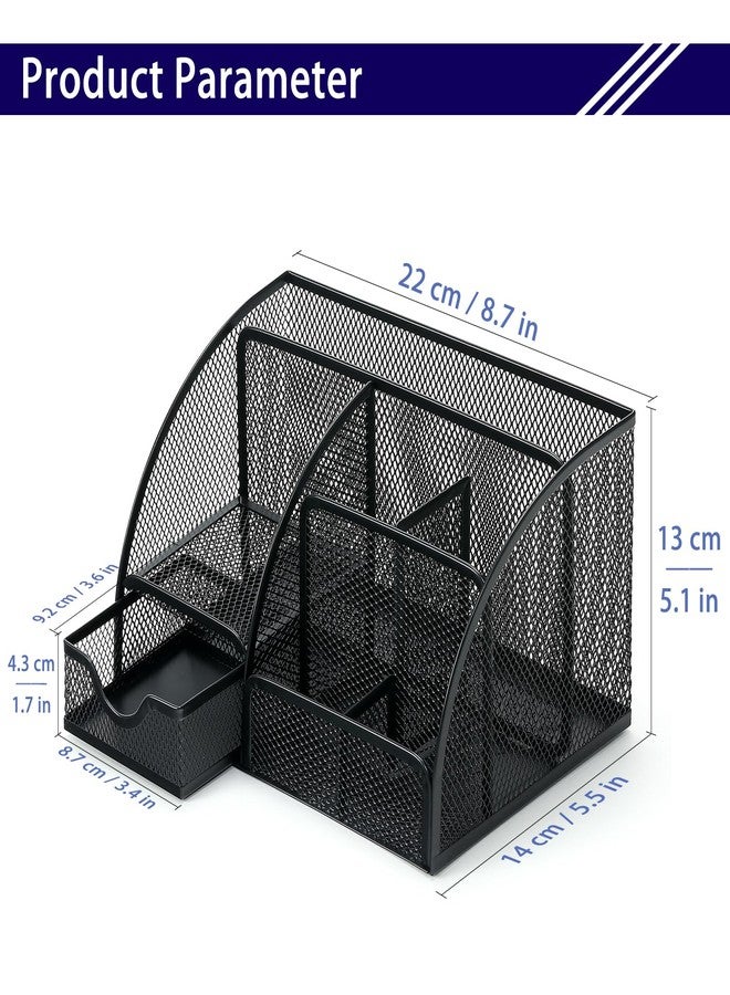 Boutilon Mesh Desk Organizer Desktop Office Supplies Stationary Organizer with 6 Compartments and 1 Drawer Multi-Functional Caddy Pen Holder for Home Office School Desk Decor(Black) - Image 3