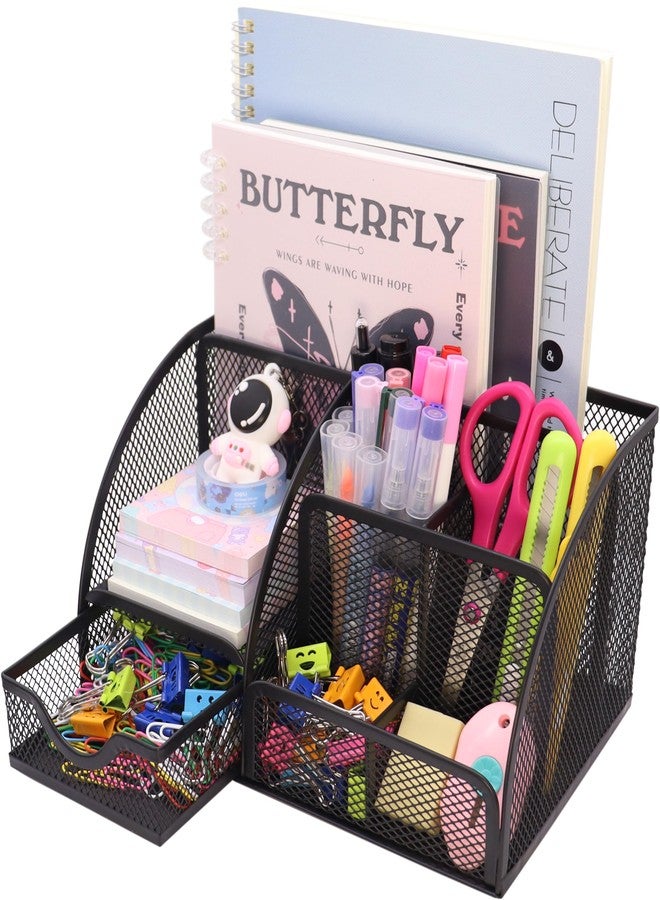 Boutilon Mesh Desk Organizer Desktop Office Supplies Stationary Organizer with 6 Compartments and 1 Drawer Multi-Functional Caddy Pen Holder for Home Office School Desk Decor(Black) - Image 1