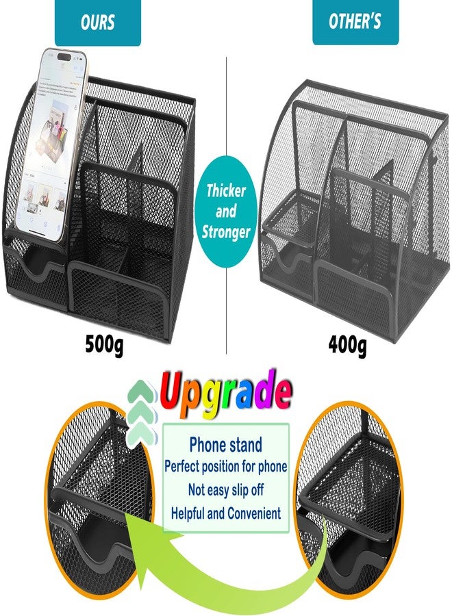 Boutilon Mesh Desk Organizer Desktop Office Supplies Stationary Organizer with 6 Compartments and 1 Drawer Multi-Functional Caddy Pen Holder for Home Office School Desk Decor(Black) - Image 2