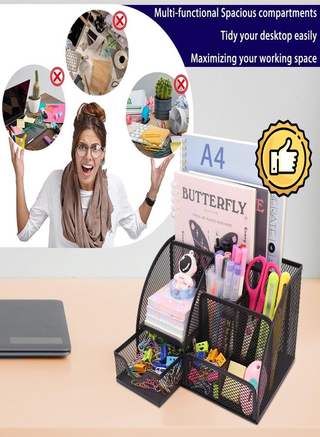 Boutilon Mesh Desk Organizer Desktop Office Supplies Stationary Organizer with 6 Compartments and 1 Drawer Multi-Functional Caddy Pen Holder for Home Office School Desk Decor(Black) - Image 5