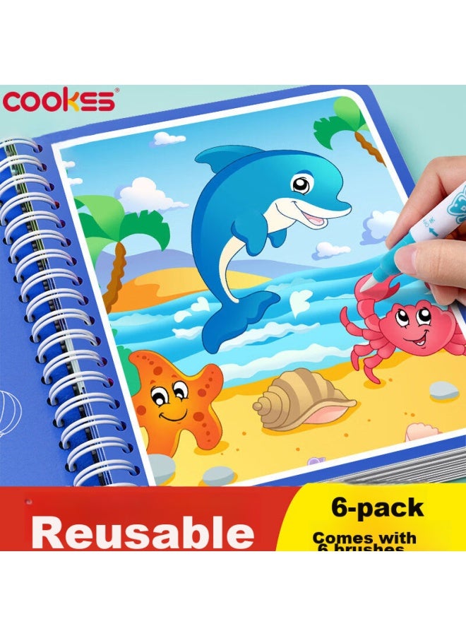 Cookss Magic Water Drawing Book, Reusable Doodle Water Pen, Magic Coloring Dinosaur, Children's Toy For Boys And Girls, 6 Books - Image 1