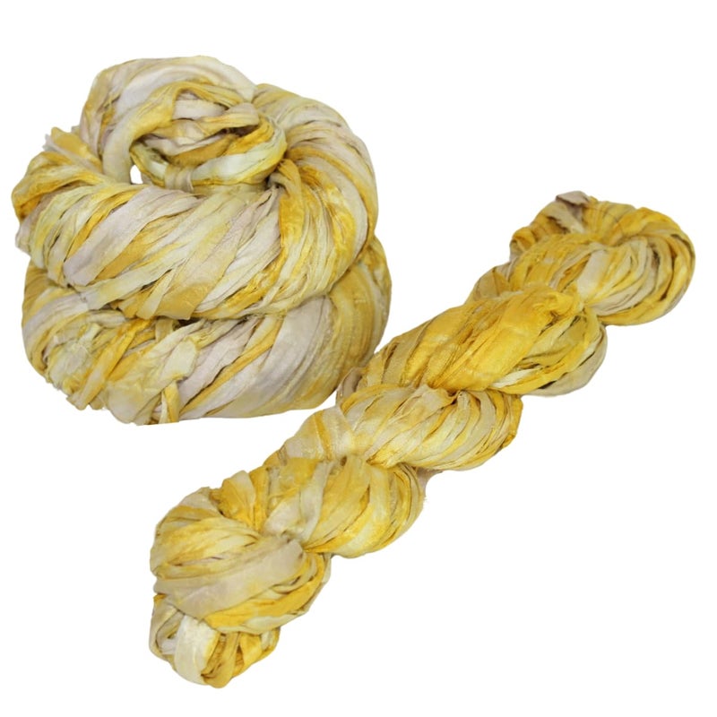 Knitsilk Recycled Shibori Sari Silk Ribbon Yarn-Yellow|Best for Crochet, Knitting, and Embroidery,and Jewelry Making |Sustainable and Unique Texture Ribbon Yarn|50 GMS-30 Yards-Yellow,Pack of 1| - Image 2