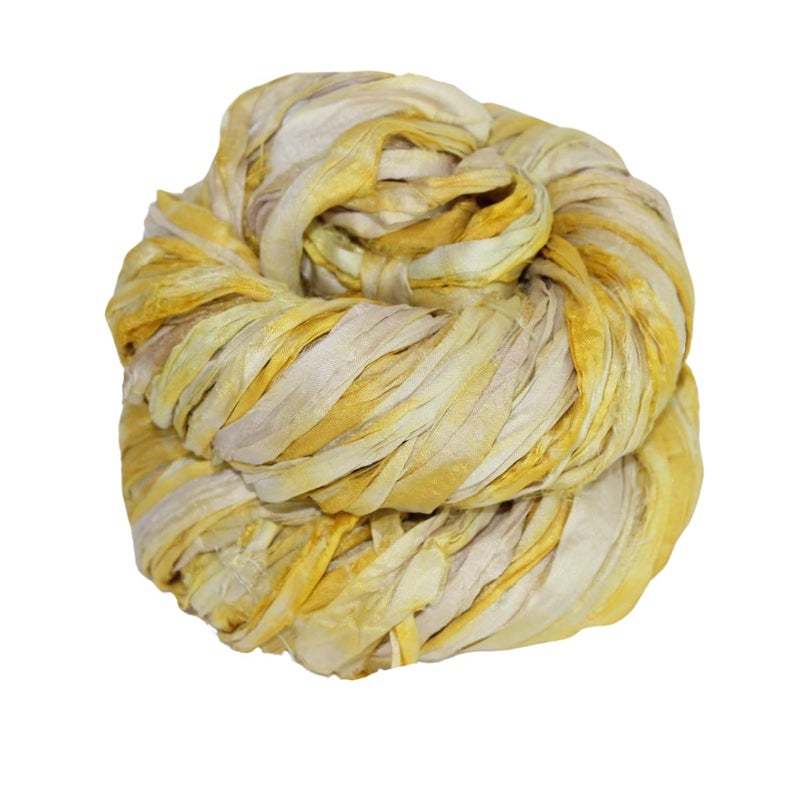 Knitsilk Recycled Shibori Sari Silk Ribbon Yarn-Yellow|Best for Crochet, Knitting, and Embroidery,and Jewelry Making |Sustainable and Unique Texture Ribbon Yarn|50 GMS-30 Yards-Yellow,Pack of 1| - Image 1