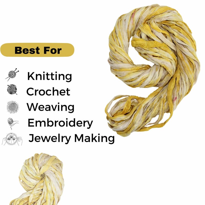 Knitsilk Recycled Shibori Sari Silk Ribbon Yarn-Yellow|Best for Crochet, Knitting, and Embroidery,and Jewelry Making |Sustainable and Unique Texture Ribbon Yarn|50 GMS-30 Yards-Yellow,Pack of 1| - Image 5