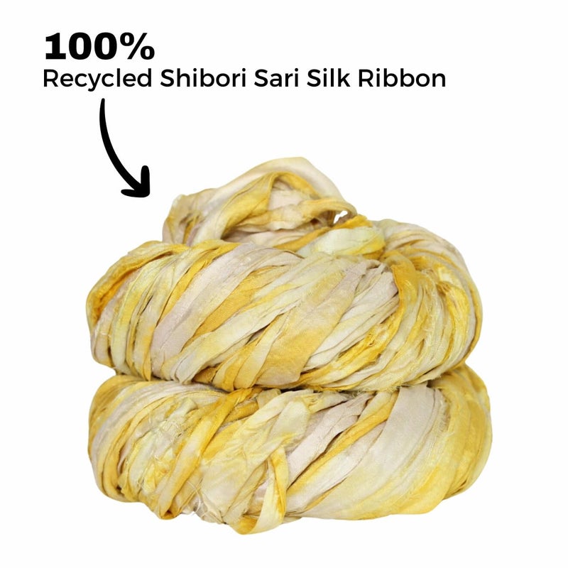 Knitsilk Recycled Shibori Sari Silk Ribbon Yarn-Yellow|Best for Crochet, Knitting, and Embroidery,and Jewelry Making |Sustainable and Unique Texture Ribbon Yarn|50 GMS-30 Yards-Yellow,Pack of 1| - Image 4