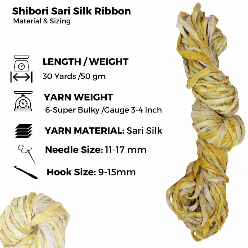Knitsilk Recycled Shibori Sari Silk Ribbon Yarn-Yellow|Best for Crochet, Knitting, and Embroidery,and Jewelry Making |Sustainable and Unique Texture Ribbon Yarn|50 GMS-30 Yards-Yellow,Pack of 1| - Image 3