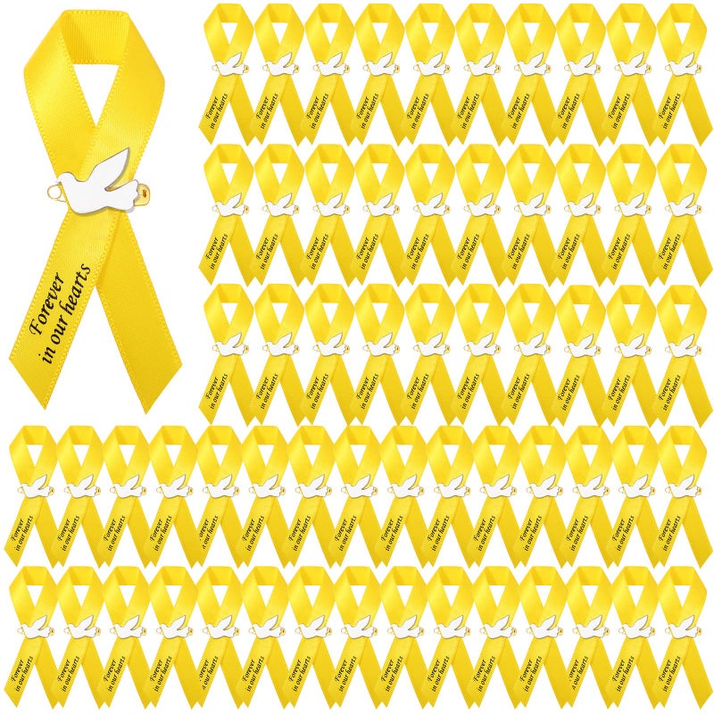 Geosar 50 Pcs Dove Funeral Ribbons Memorial Ribbon Funeral Pins Classic Memorial Service Respect Ribbon Bow with Safety Pins and Dove for Mourning Remembrance Day EventYellow - Image 3