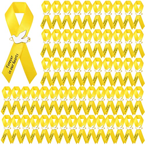 Geosar 50 Pcs Dove Funeral Ribbons Memorial Ribbon Funeral Pins Classic Memorial Service Respect Ribbon Bow with Safety Pins and Dove for Mourning Remembrance Day EventYellow - Image 1