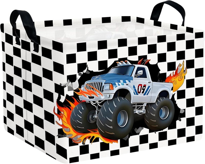 SETAMA Racing Car Storage Basket Monster Truck Toy Book Shelf Basket Kid Room Decor Gift (Black and White Checkered) - Image 1