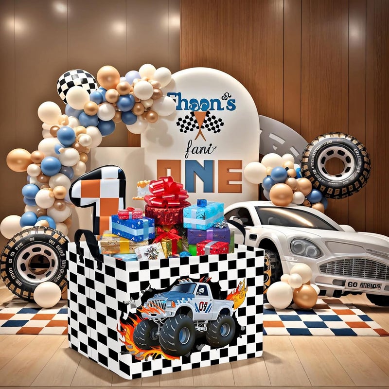 SETAMA Racing Car Storage Basket Monster Truck Toy Book Shelf Basket Kid Room Decor Gift (Black and White Checkered) - Image 5