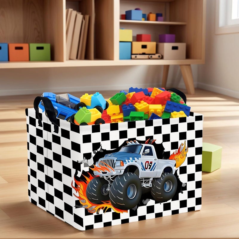 SETAMA Racing Car Storage Basket Monster Truck Toy Book Shelf Basket Kid Room Decor Gift (Black and White Checkered) - Image 3