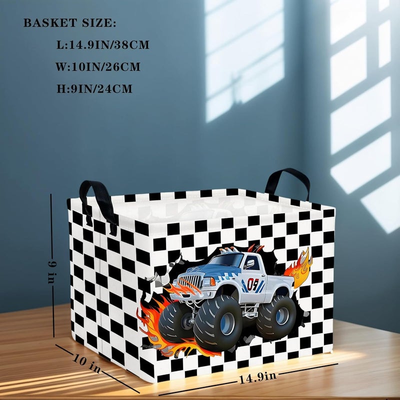 SETAMA Racing Car Storage Basket Monster Truck Toy Book Shelf Basket Kid Room Decor Gift (Black and White Checkered) - Image 2