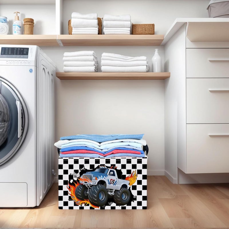 SETAMA Racing Car Storage Basket Monster Truck Toy Book Shelf Basket Kid Room Decor Gift (Black and White Checkered) - Image 4