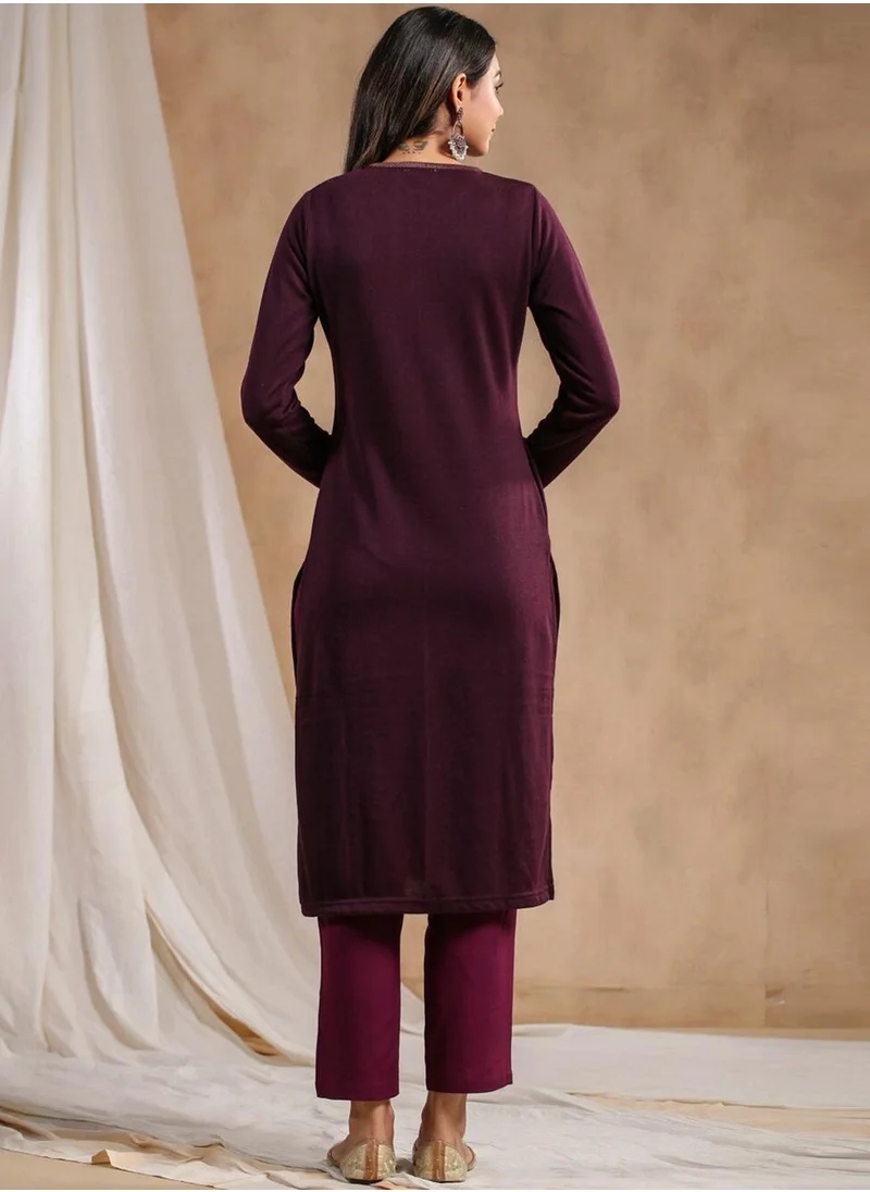 آي شين Women's Mauve Polyester Blend Embellished Tunic Straight Fit Kurta