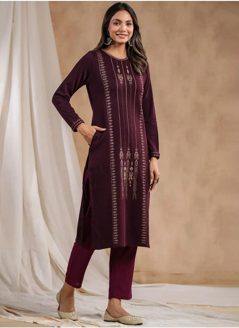 آي شين Women's Mauve Polyester Blend Embellished Tunic Straight Fit Kurta