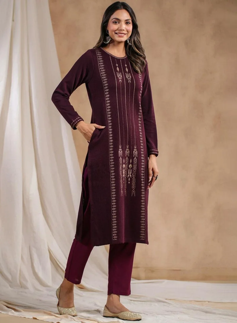 ISHIN Women's Mauve Polyester Blend Embellished Tunic Straight Fit Kurta