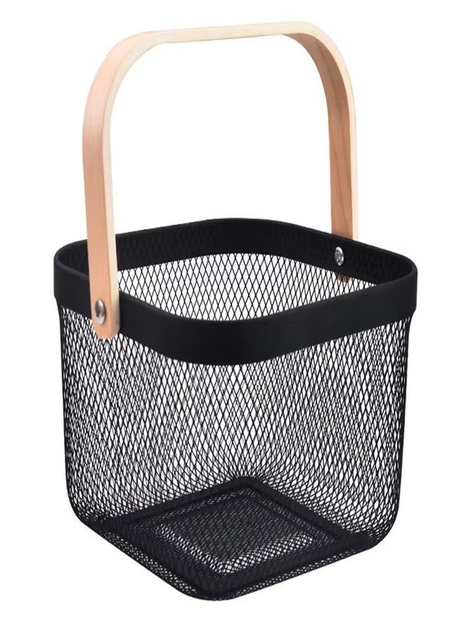 AJIODA Metal Mesh Wire Basket, Small Steel Basket with Wooden Handle Storage Organizer Basket Multi-functional Hanging Kitchen Baskets Fruit Baskets for Kitchen Bathroom Cabinet Pantry Snacks, Black - Image 1
