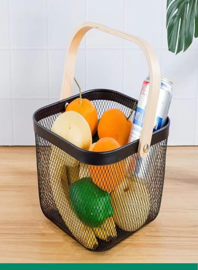 AJIODA Metal Mesh Wire Basket, Small Steel Basket with Wooden Handle Storage Organizer Basket Multi-functional Hanging Kitchen Baskets Fruit Baskets for Kitchen Bathroom Cabinet Pantry Snacks, Black - Image 5