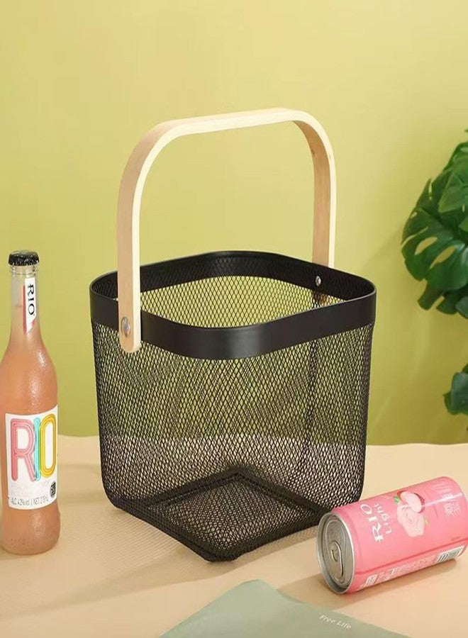 AJIODA Metal Mesh Wire Basket, Small Steel Basket with Wooden Handle Storage Organizer Basket Multi-functional Hanging Kitchen Baskets Fruit Baskets for Kitchen Bathroom Cabinet Pantry Snacks, Black - Image 2