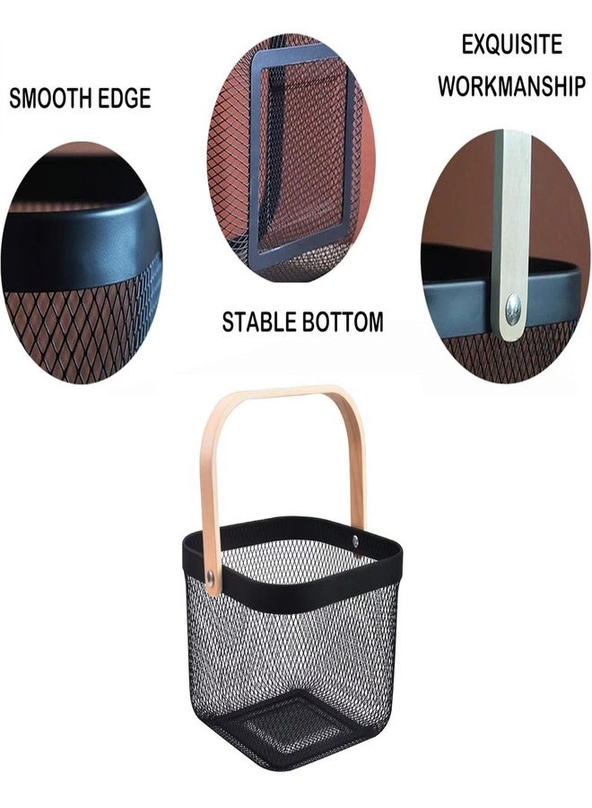 AJIODA Metal Mesh Wire Basket, Small Steel Basket with Wooden Handle Storage Organizer Basket Multi-functional Hanging Kitchen Baskets Fruit Baskets for Kitchen Bathroom Cabinet Pantry Snacks, Black - Image 4