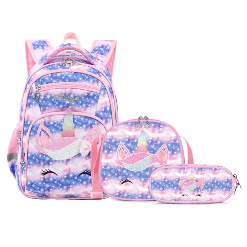 Cusangel Girls Backpack with Lunch Box Pencil Case,Cute Multi Compartment Preschool Elementary Primary Backpack for Girls Sky Unicorn 3pcs Backpack for Girls - Image 1