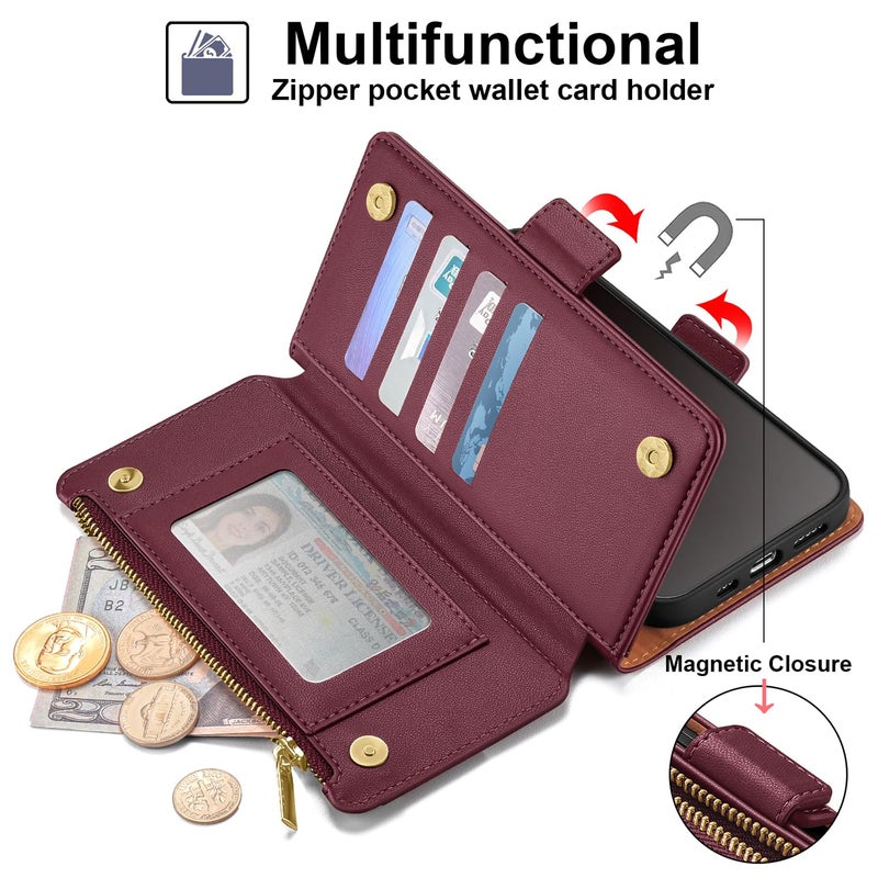 Antsturdy Compatible with iPhone 15 Pro Max Wallet Case,RFID Blocking PU Leather Phone Case Women Men Kickstand flip Cover Wrist Strap Zipper Credit Card Holder Slots for Apple 15 ProMax,Wine Red - Image 4