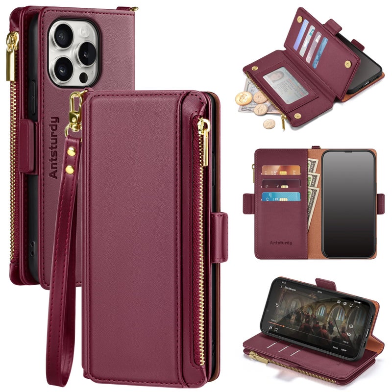 Antsturdy Compatible with iPhone 15 Pro Max Wallet Case,RFID Blocking PU Leather Phone Case Women Men Kickstand flip Cover Wrist Strap Zipper Credit Card Holder Slots for Apple 15 ProMax,Wine Red - Image 1