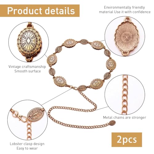 PALAY® 2Pcs Waist Belt for Women Dresses Golden Metal Concho Hip Belt for Saree Fashion Adjustable Western Vintage Waist Chain Stylish Boho Saree Belts Dresses,Jeans,Skirts - Image 2